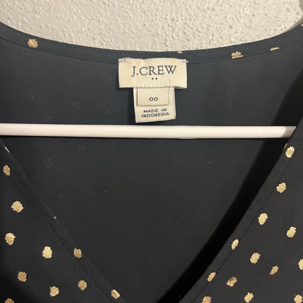 J. Crew Size 00 Short Sleeve Black Gold Polka Dots V Neckline Ruffle‎ Sleeve - Picture 2 of 4
